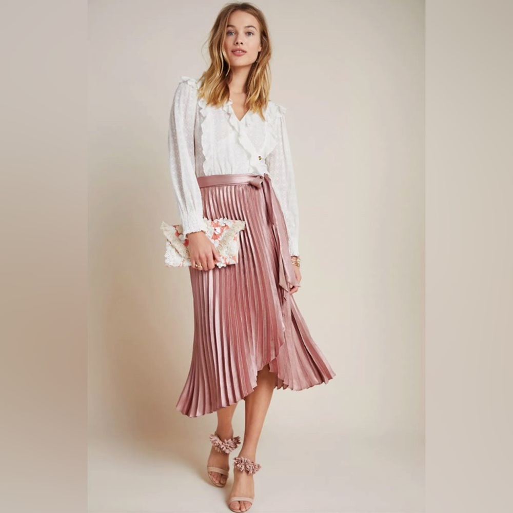 Anthropologie Maeve Paulina Pleated Midi Skirt in Metallic Pink